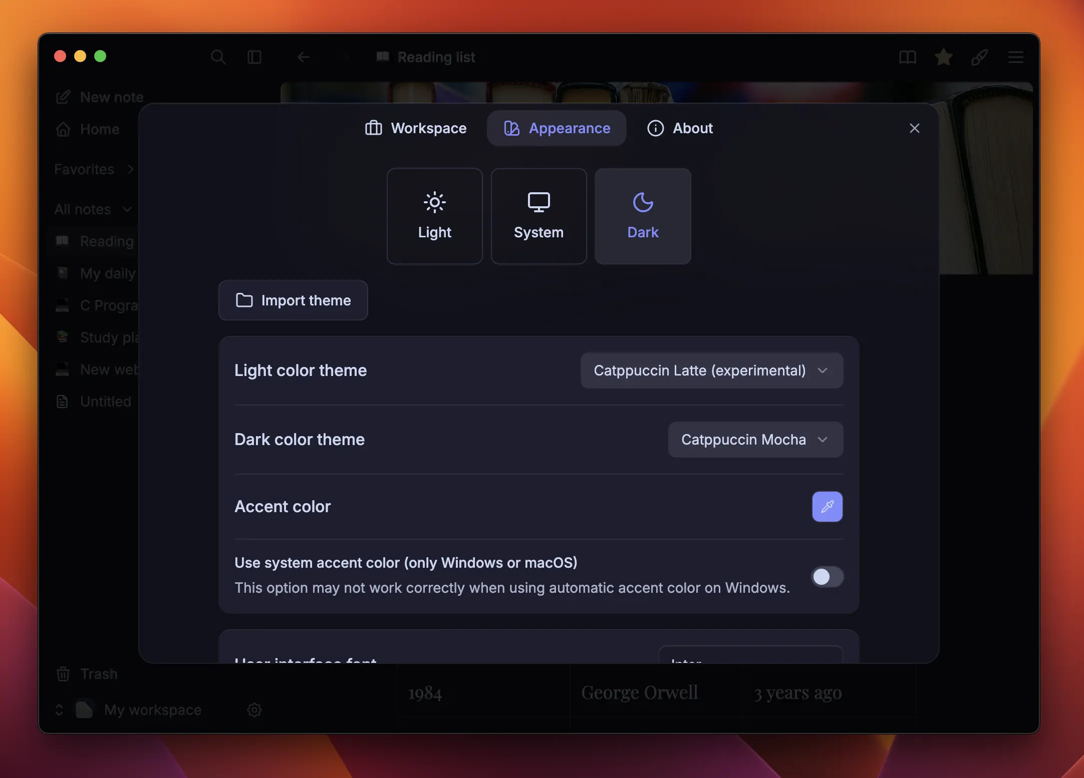 Appearance settings window