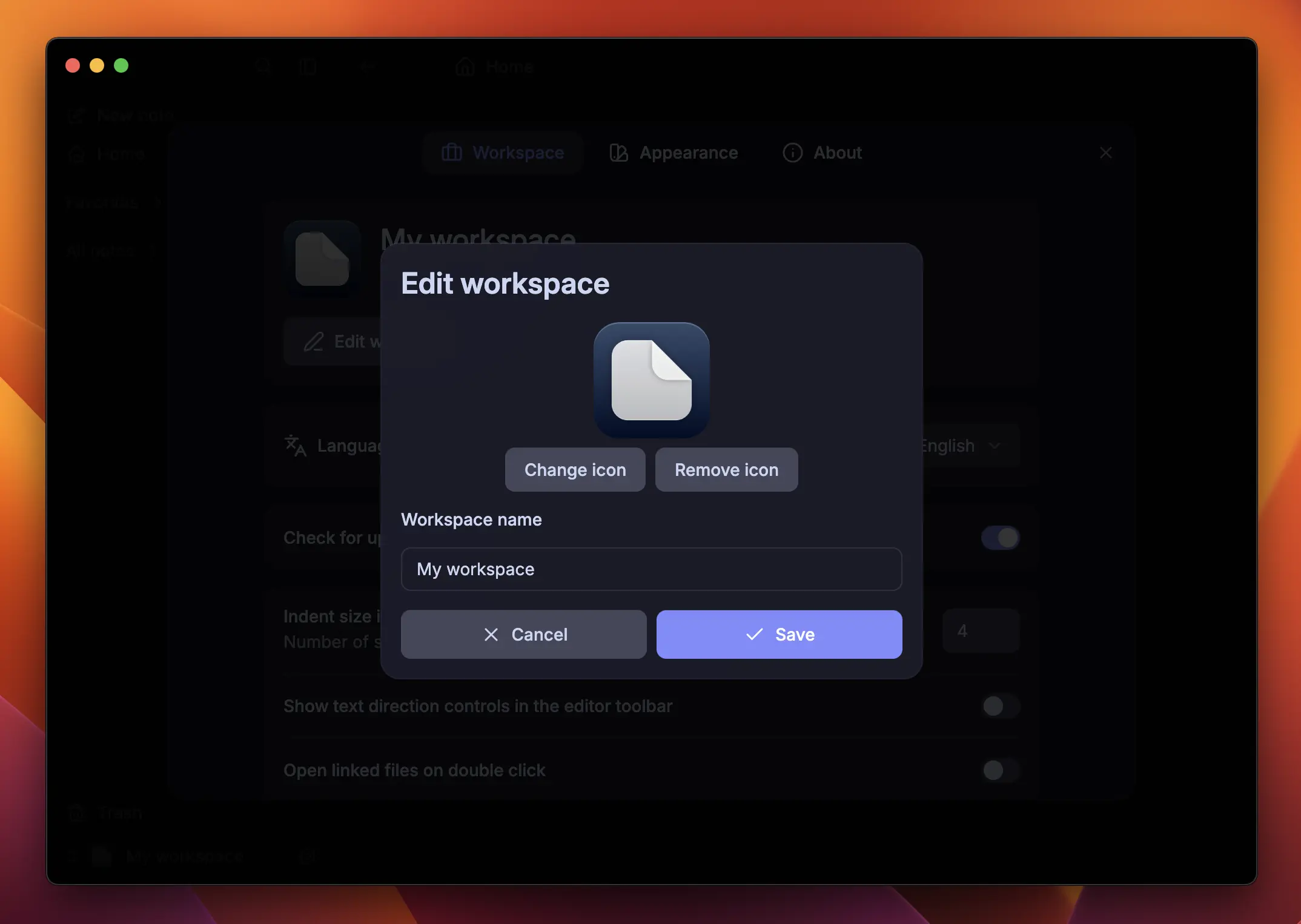 Edit workspace dialog